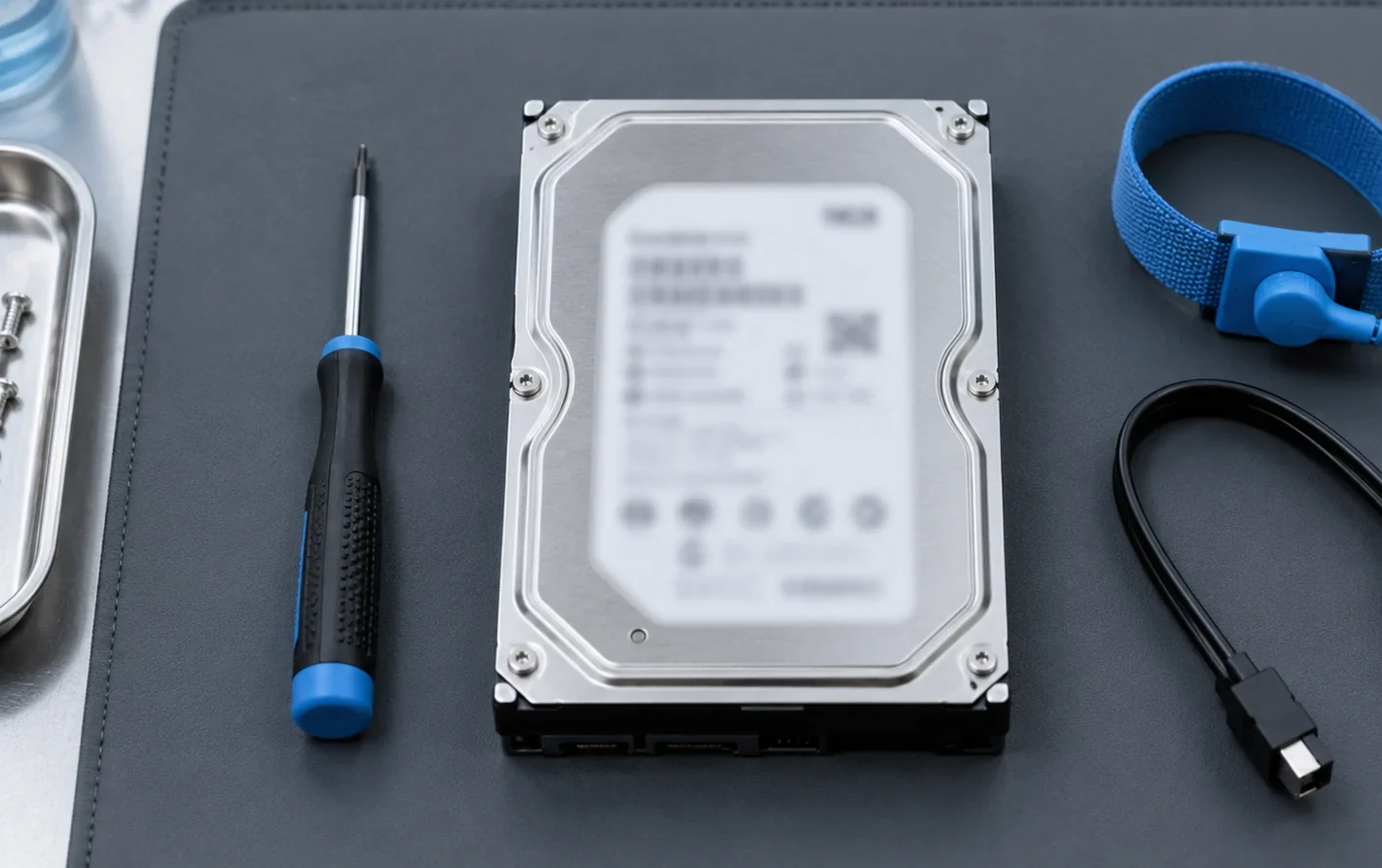 A sealed 3.5-inch hard drive on an anti-static mat beside a screwdriver and wrist strap