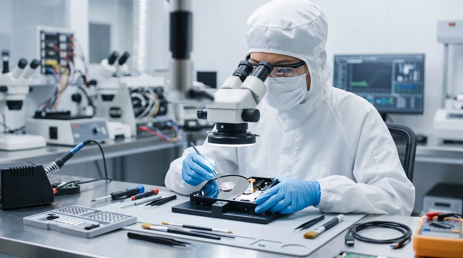 A data recovery engineer working on an opened hard drive in a cleanroom lab