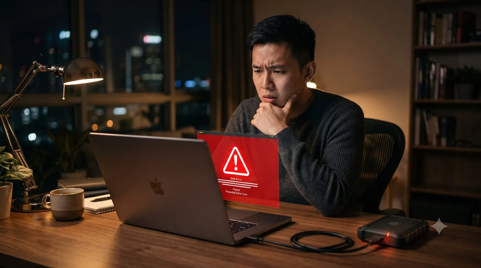 A hard drive connected to a laptop showing a disk error diagnostic screen