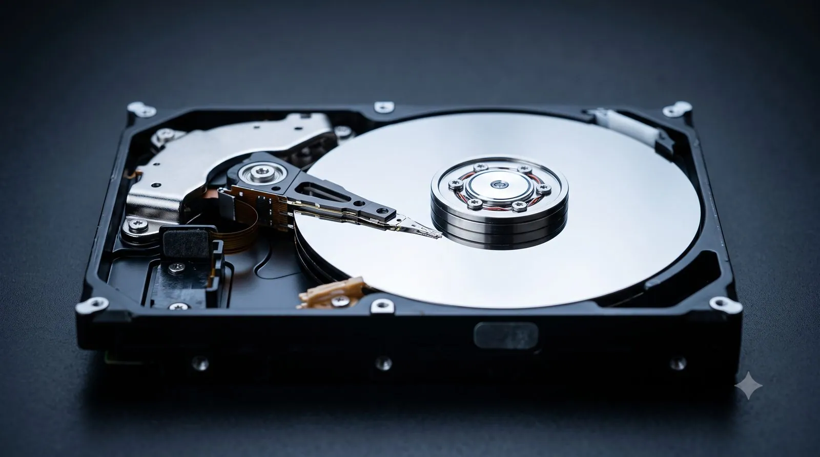 A close-up of an internal hard drive with its cover removed showing the platters