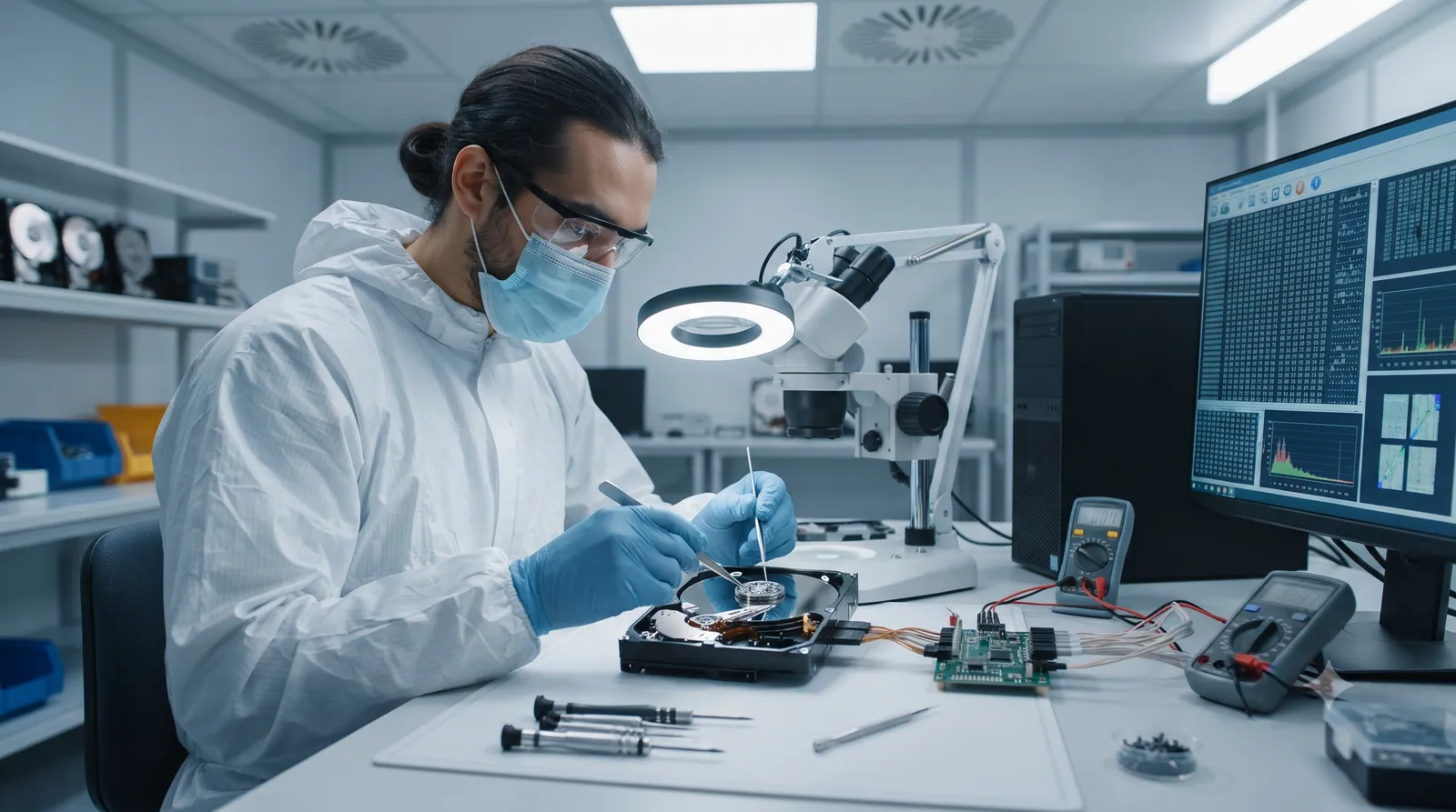 A data recovery engineer working on a stuck hard drive in a cleanroom lab
