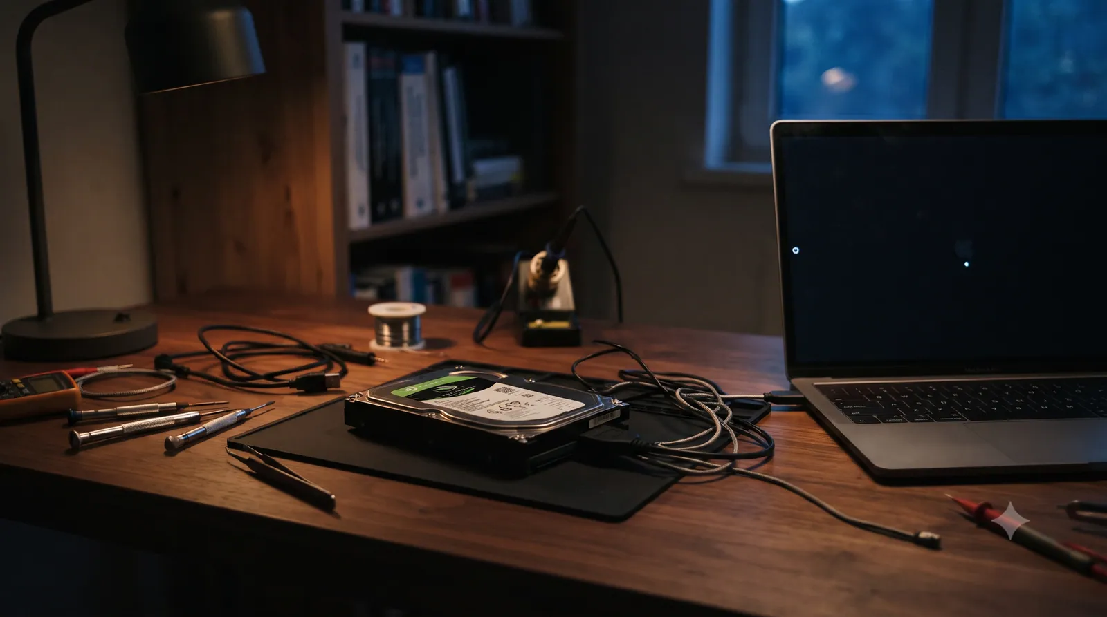 A hard drive on a desk that won't spin up, with a laptop nearby