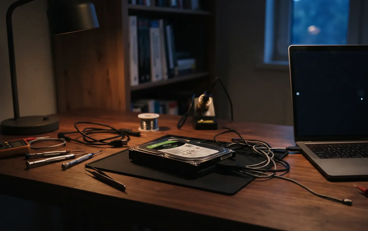 A hard drive on a desk that won't spin up, with a laptop nearby