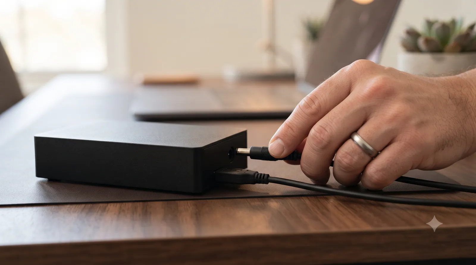 A hand switching off a hard drive to stop it beeping