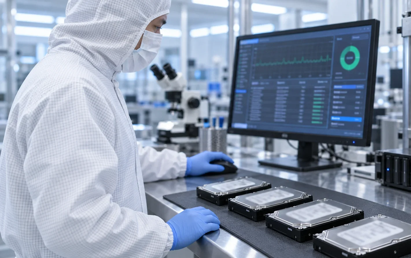 A data recovery engineer reviewing drive diagnostics with sealed drives on the bench
