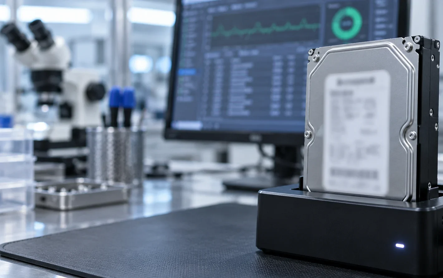 A sealed 3.5-inch hard drive seated in a diagnostic dock beside a drive-health readout