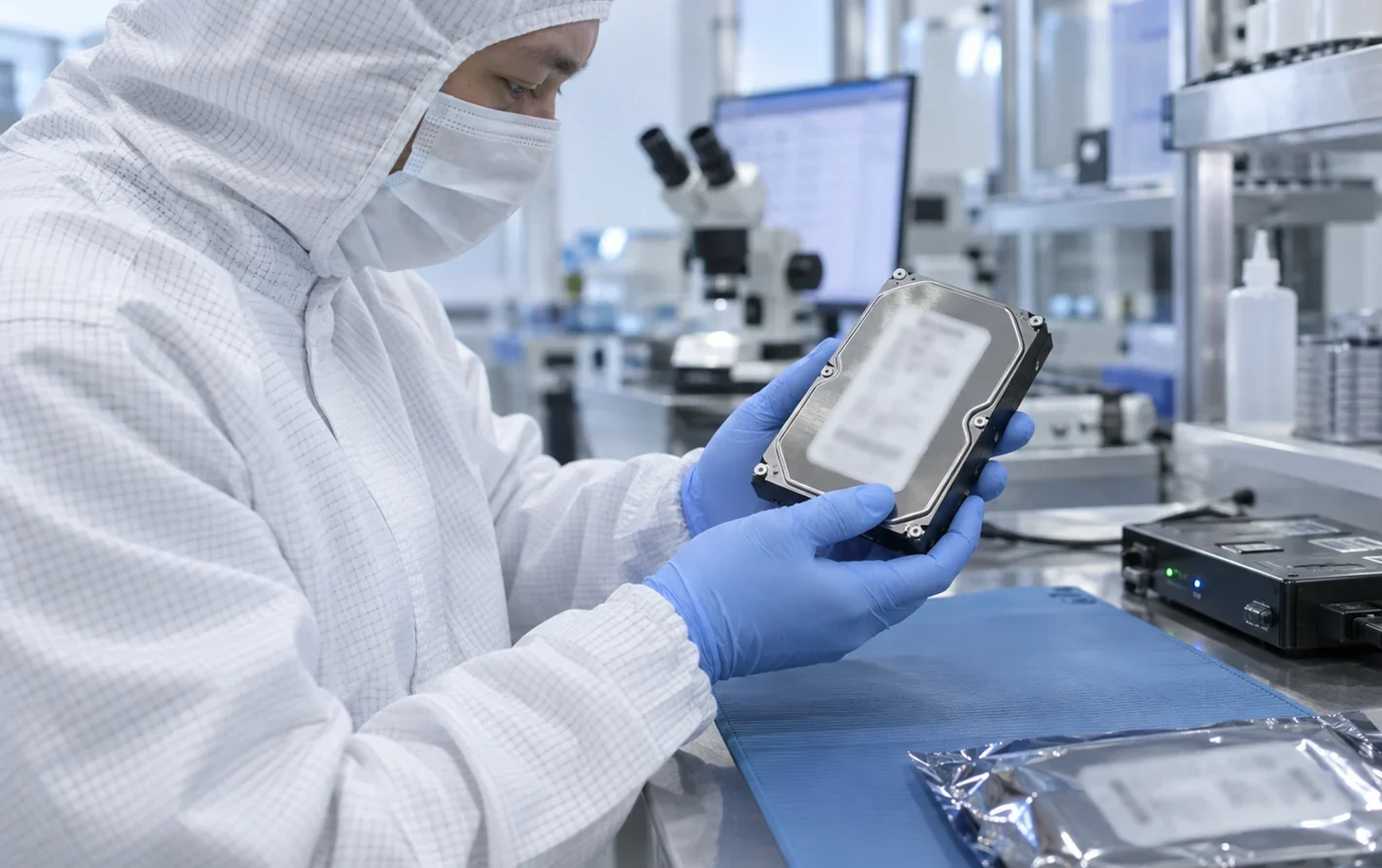 A data recovery technician examining a sealed hard drive at a cleanroom bench