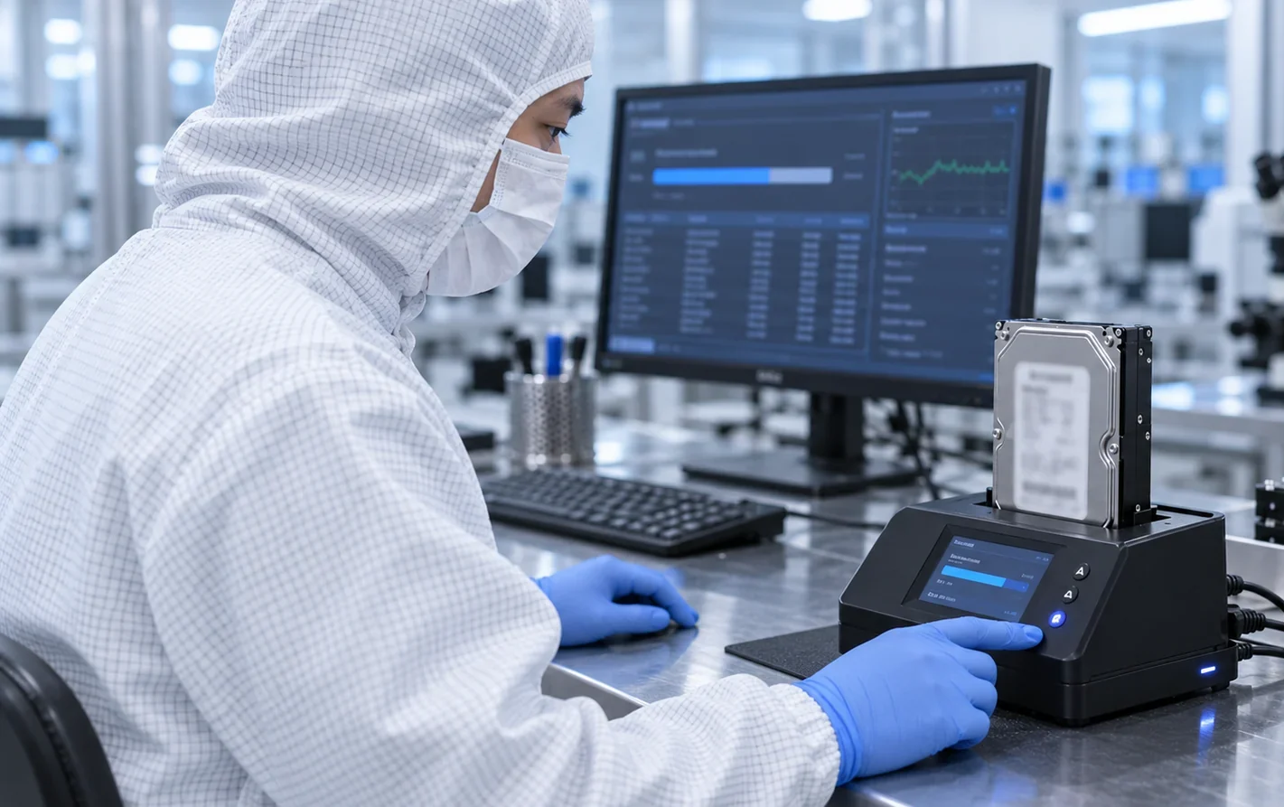 A data recovery engineer imaging a sealed hard drive with a hardware disk imager