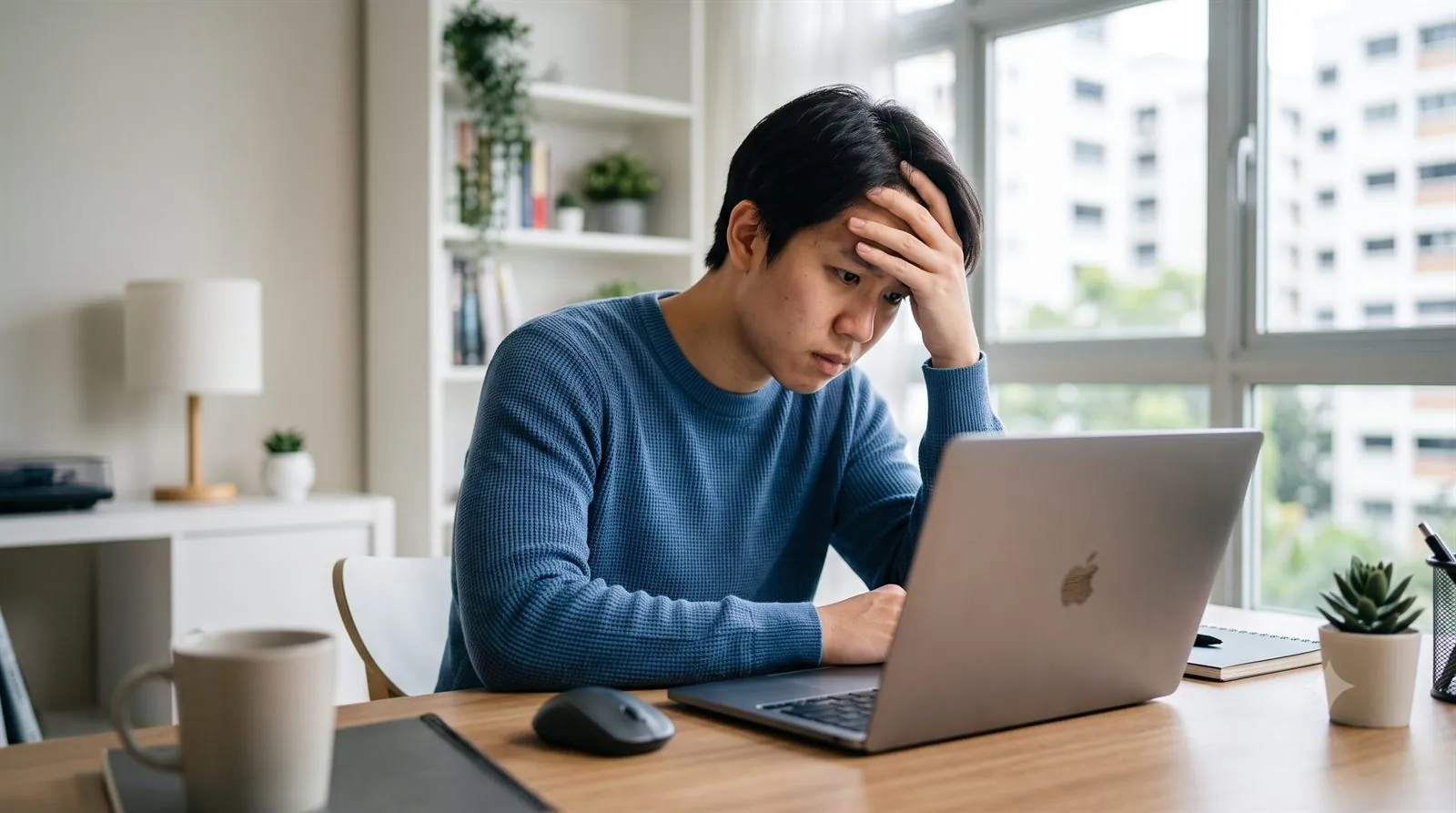 A person looking concerned at a suspicious pop-up on their MacBook screen