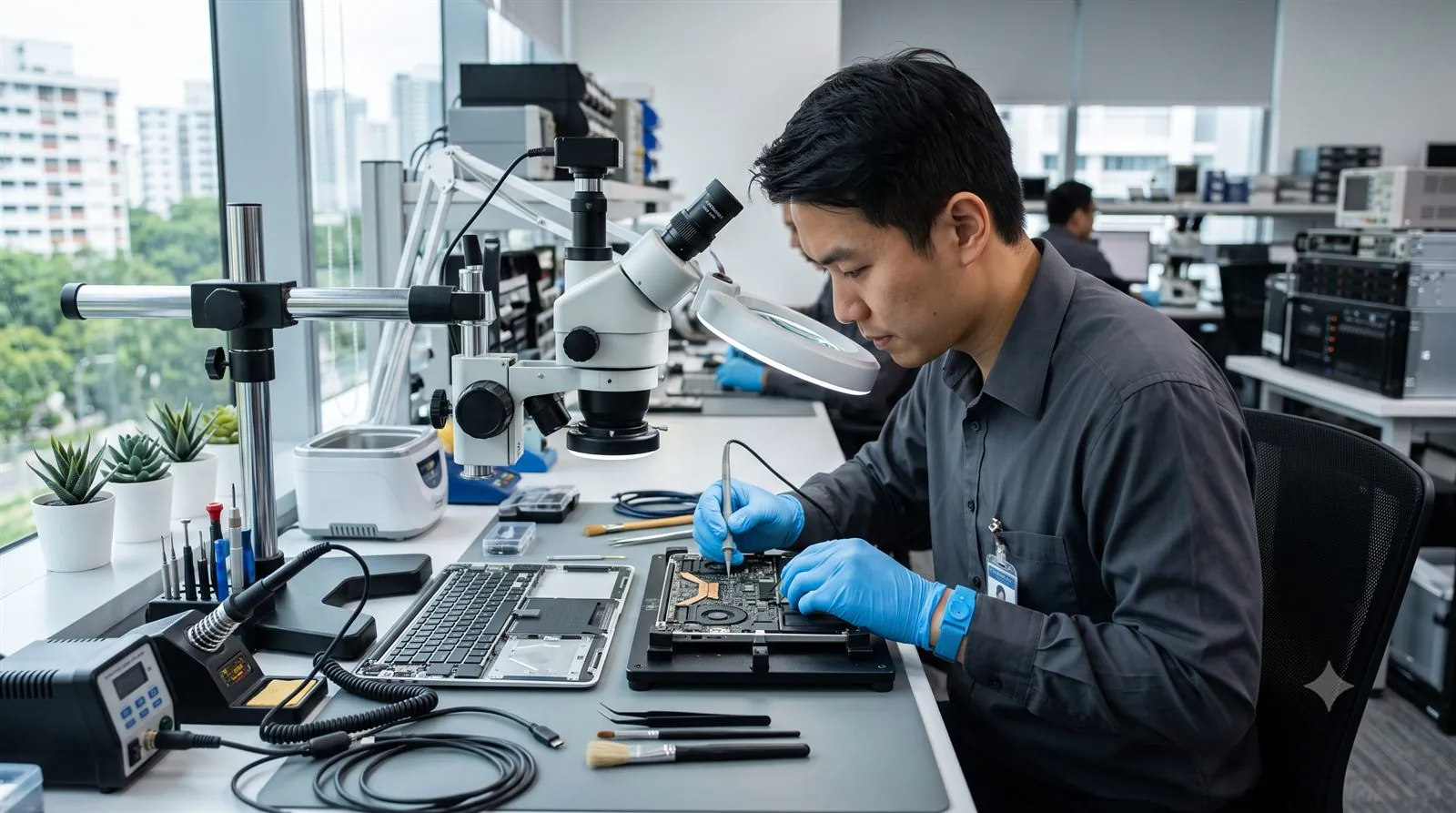 A data recovery engineer working on a MacBook logic board in a lab
