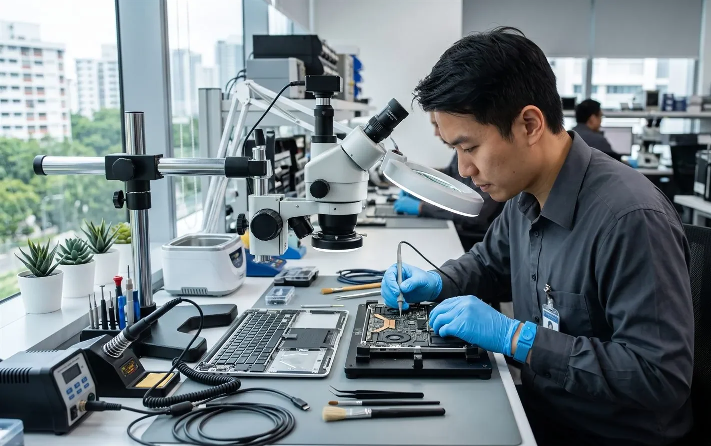 A data recovery engineer working on a MacBook logic board in a lab