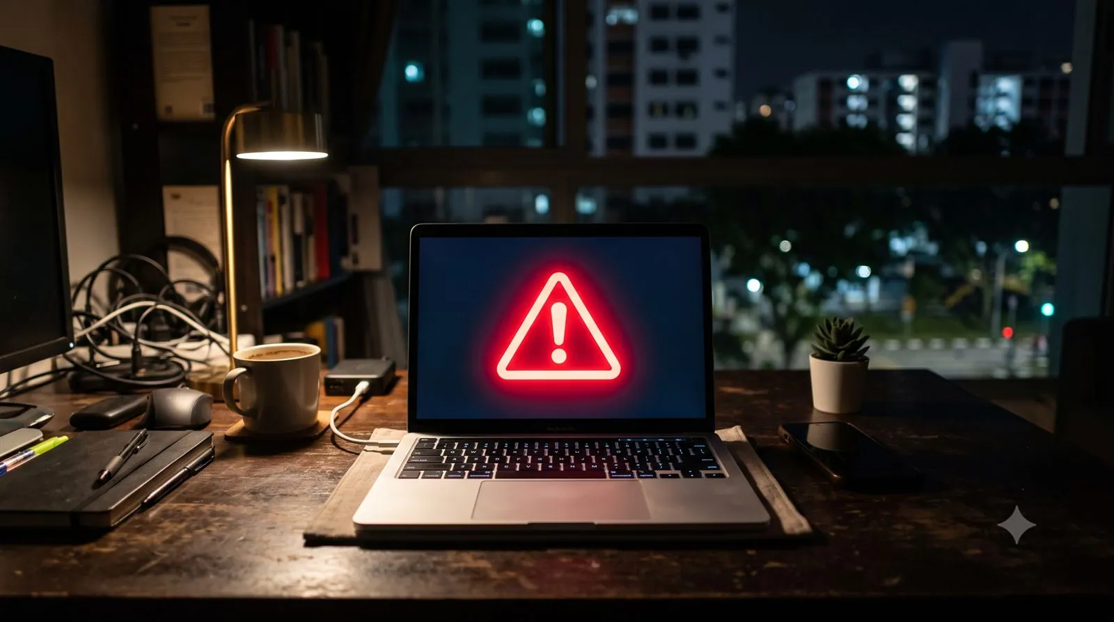 A MacBook on a desk displaying a red security warning alert