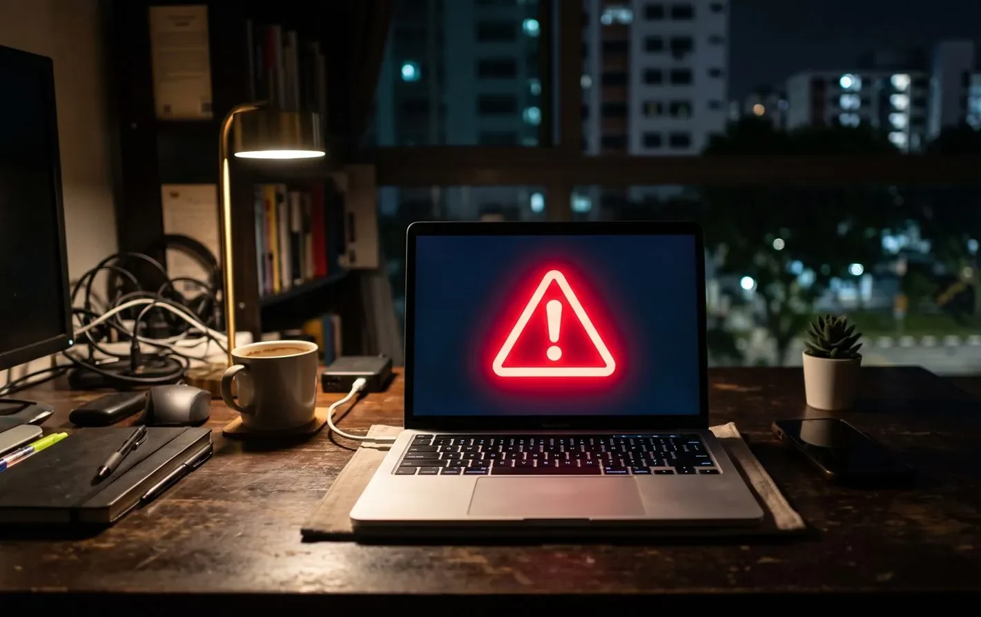 A MacBook on a desk displaying a red security warning alert