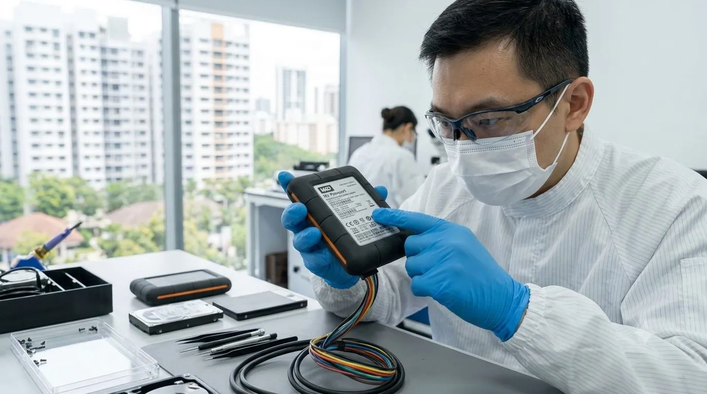 A data recovery engineer examining a hard drive's label and health in a lab