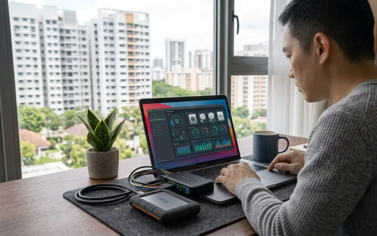 A person running CrystalDiskInfo to check drive health on a laptop