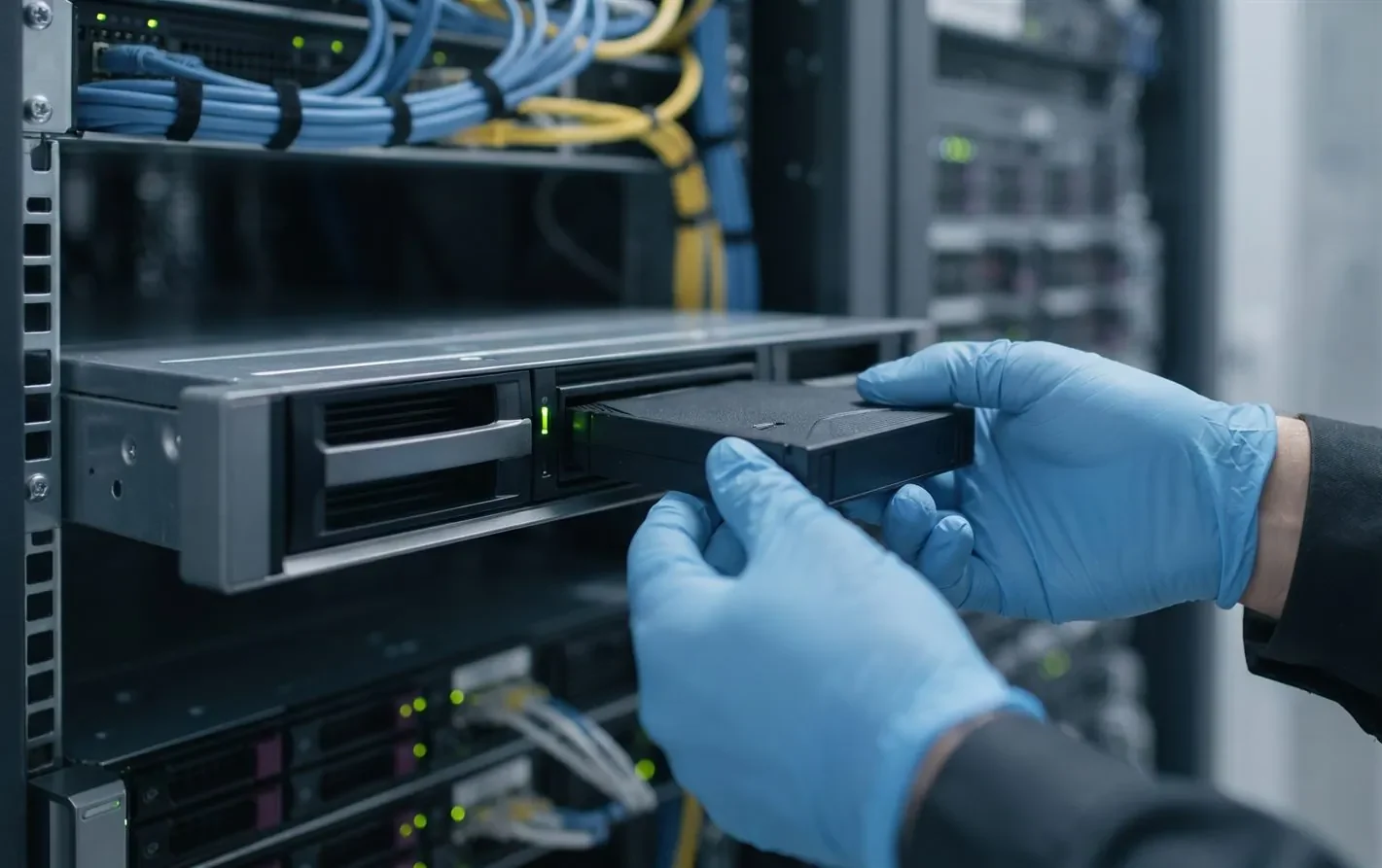 A person loading an LTO tape cartridge into a tape drive