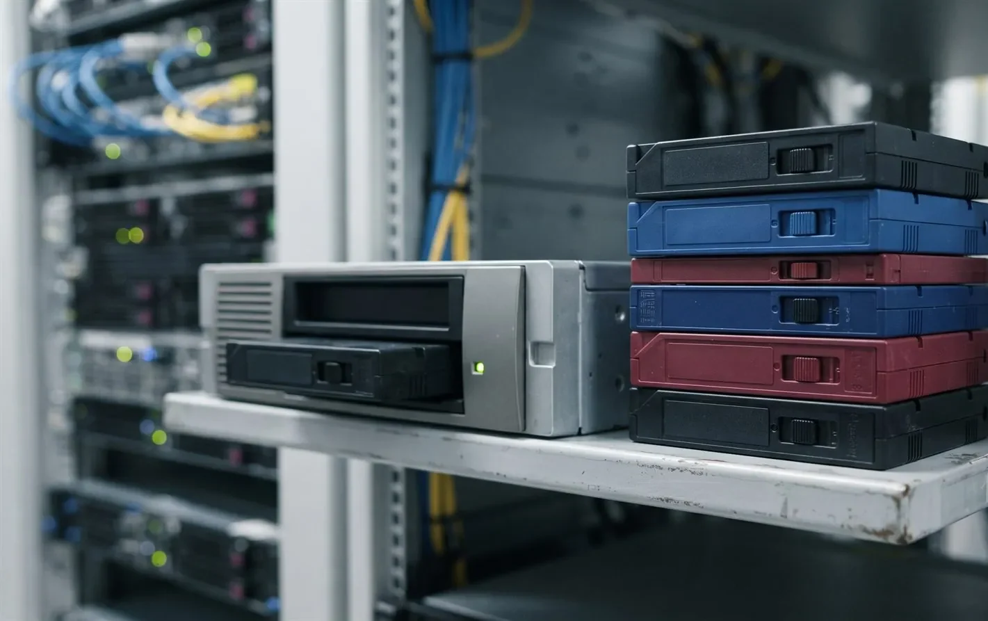 LTO tape cartridges and a tape drive in a server room