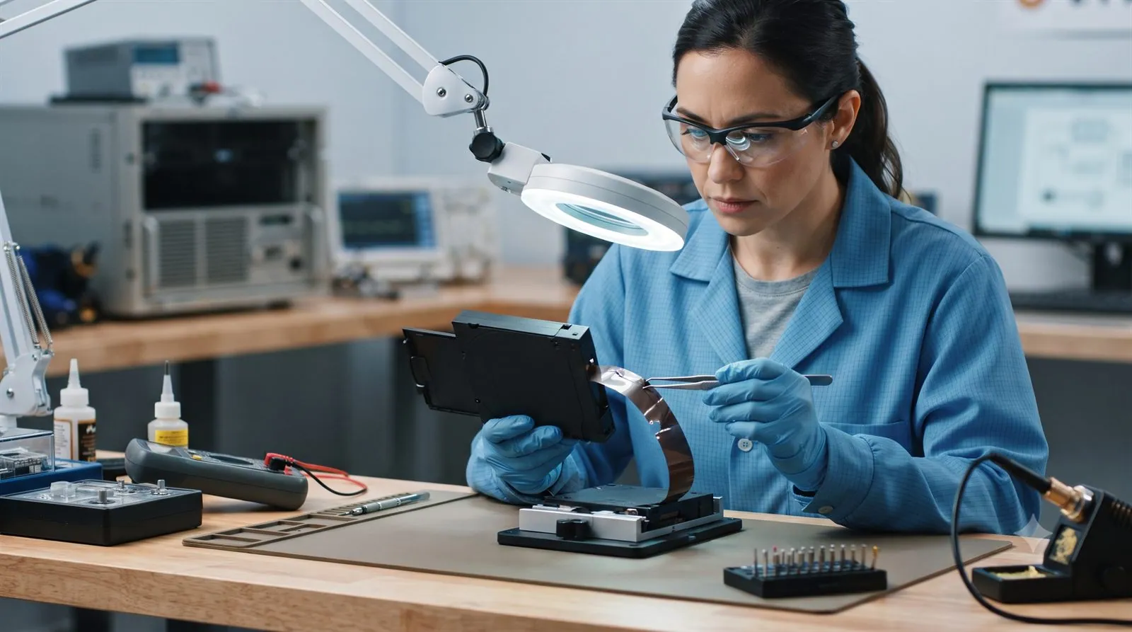 A data recovery engineer handling a damaged tape cartridge in a lab