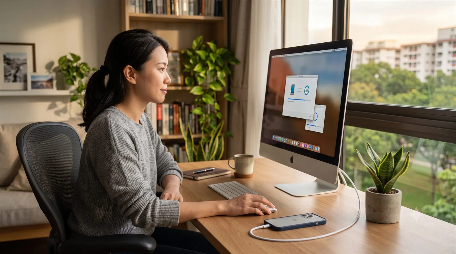 A person backing up their iPhone to a computer at home