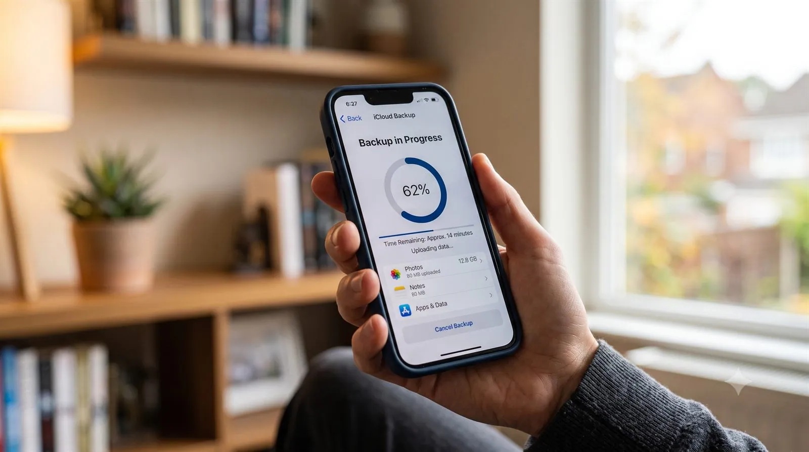 An iPhone screen showing a cloud backup in progress