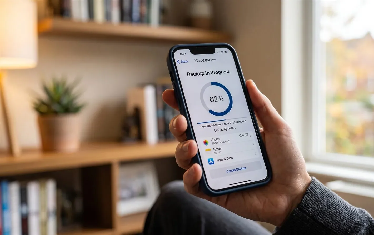 An iPhone screen showing a cloud backup in progress