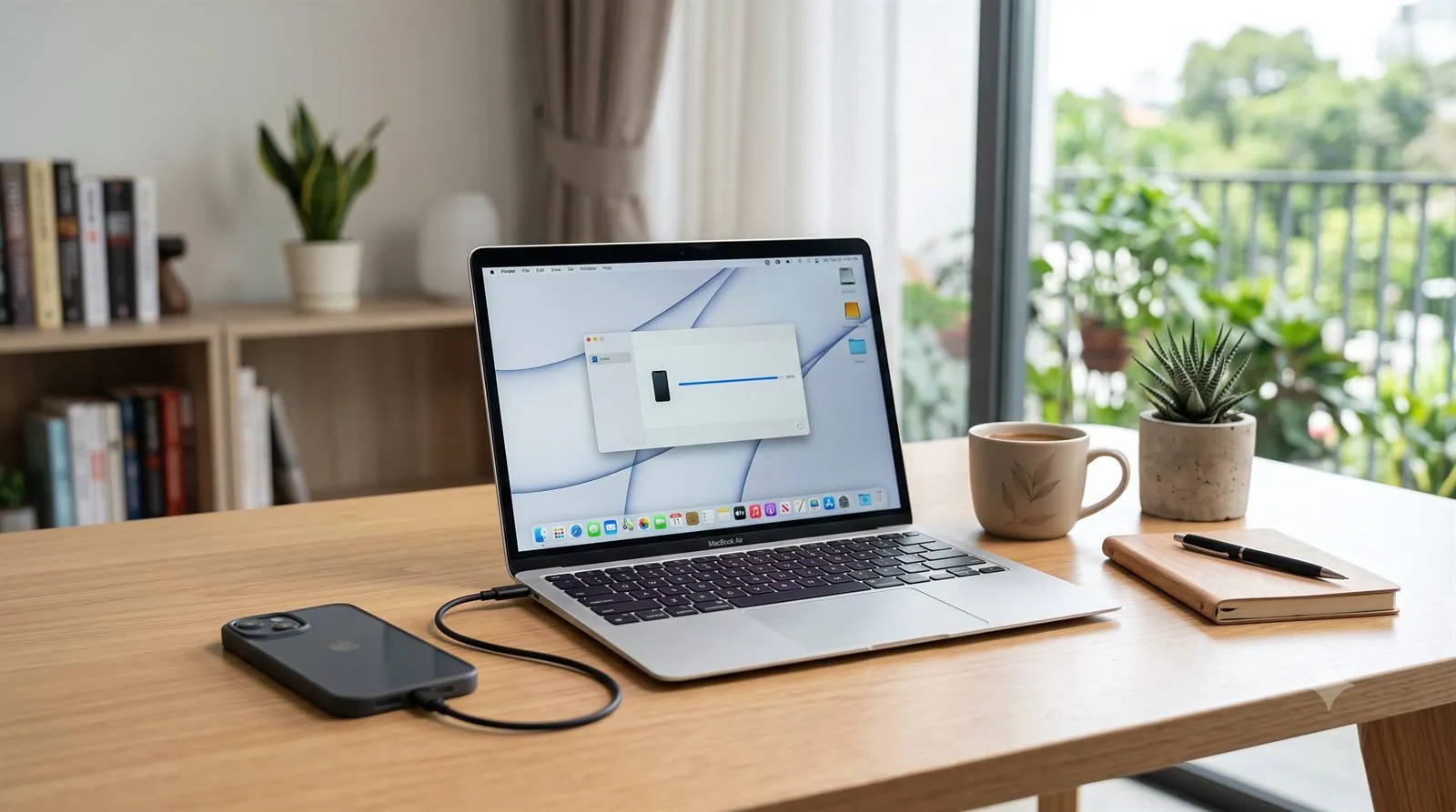 An iPhone connected to a laptop being backed up on a desk
