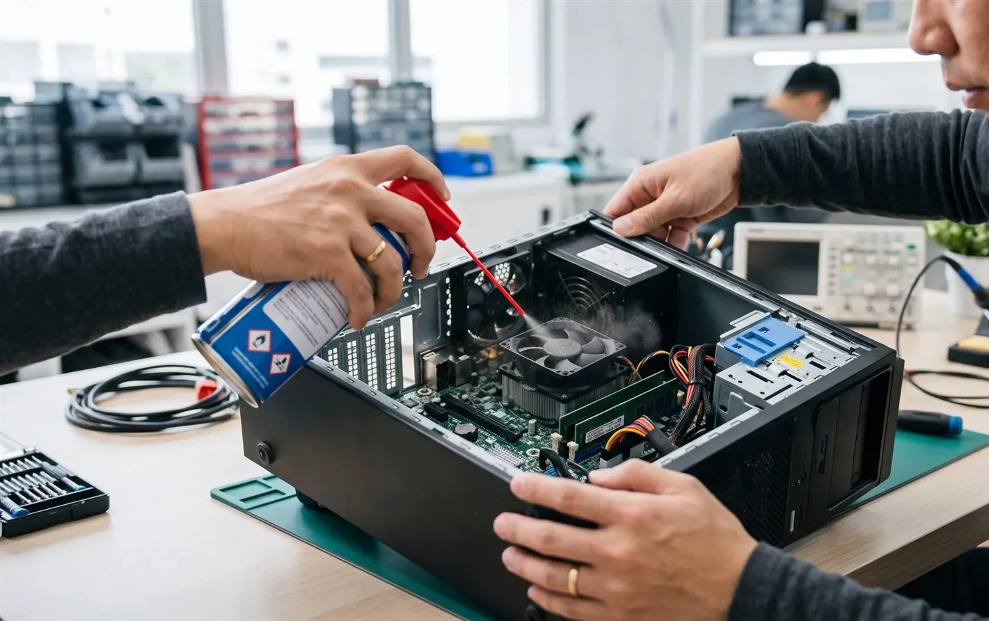 A person cleaning dust from inside a desktop computer for cooling