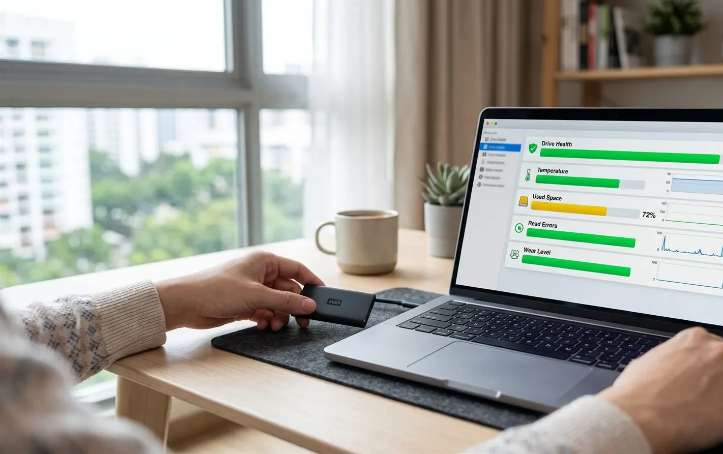An external hard drive connected to a laptop showing a drive health check