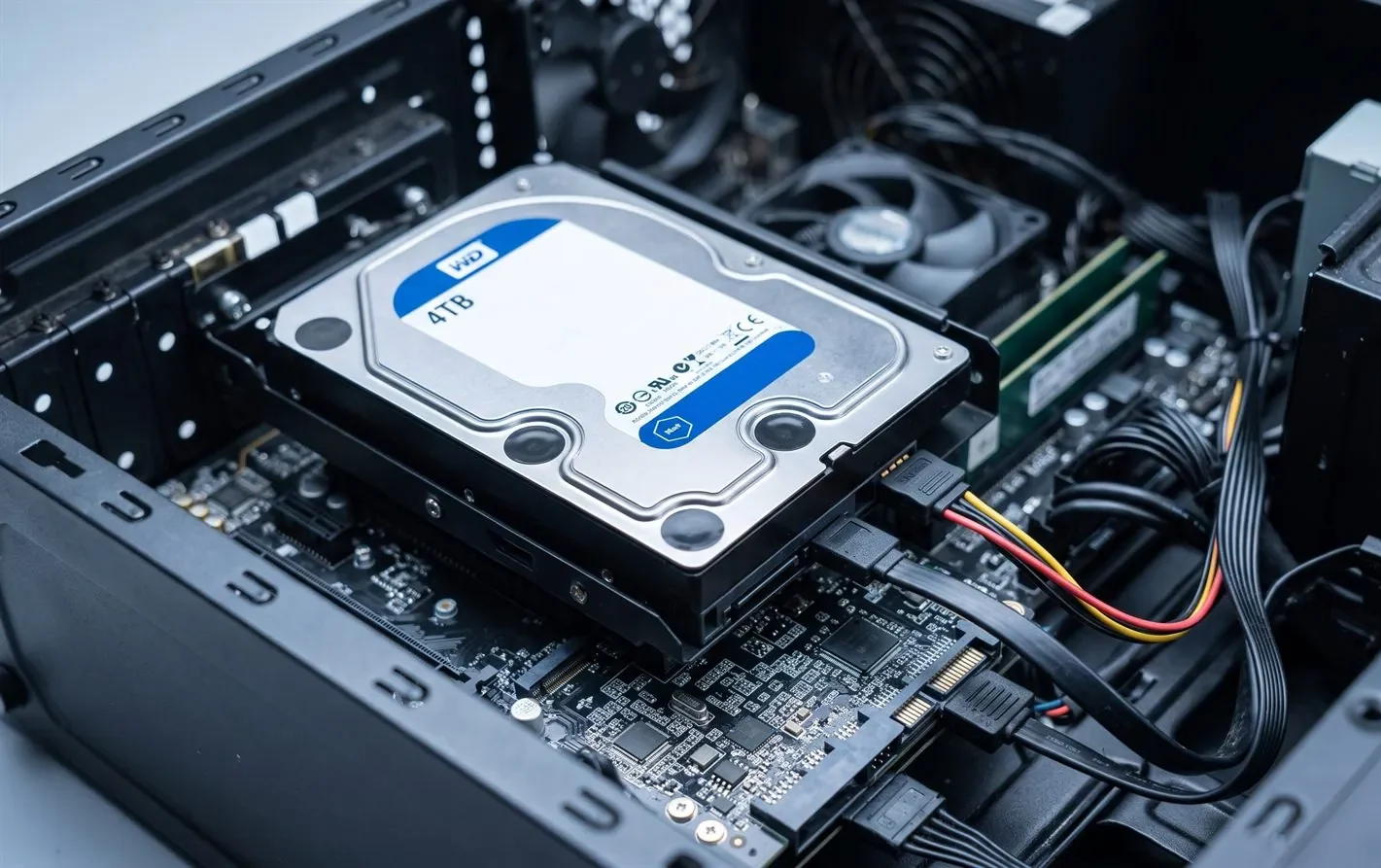 A close-up of an internal hard drive inside an open computer
