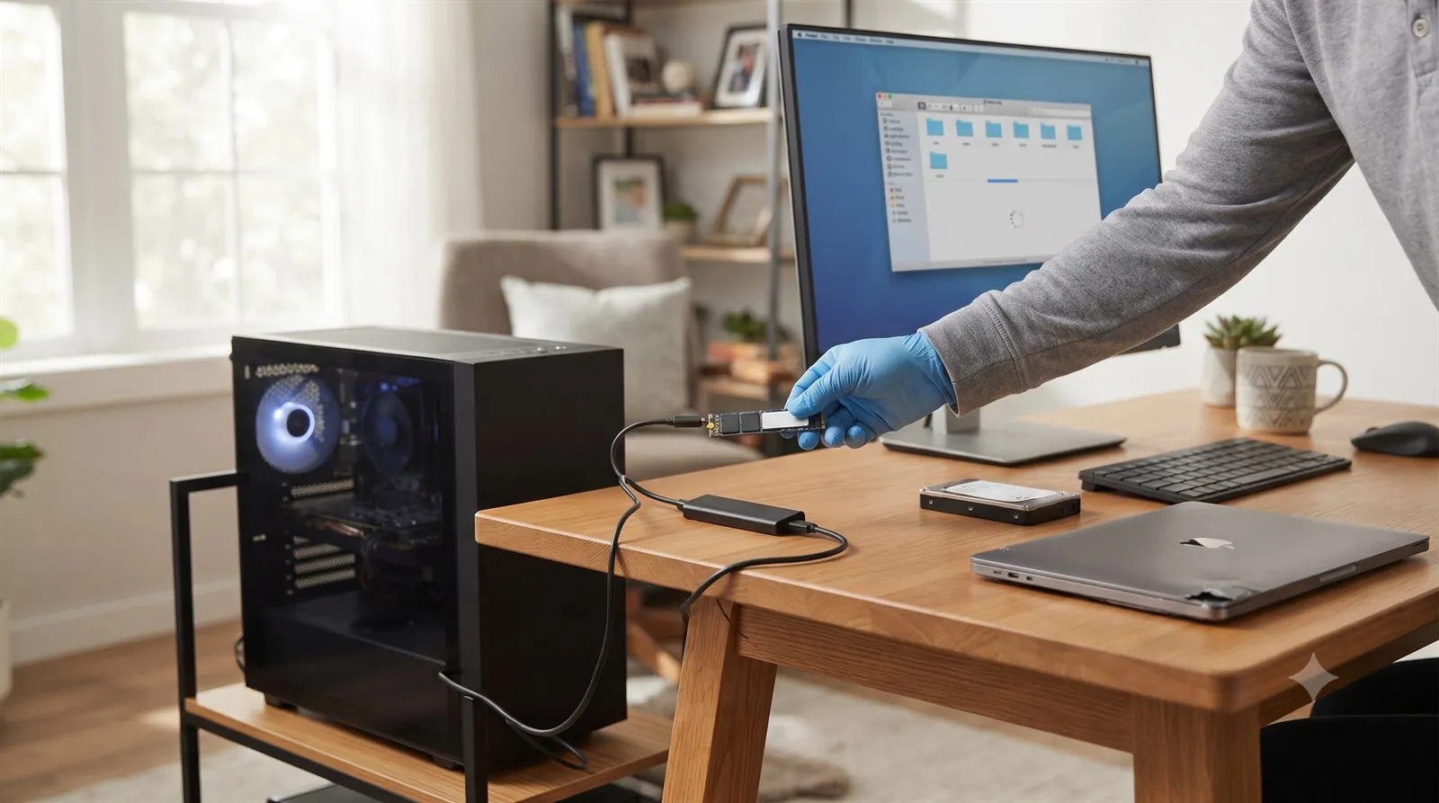 A person connecting a laptop drive to another computer to recover files