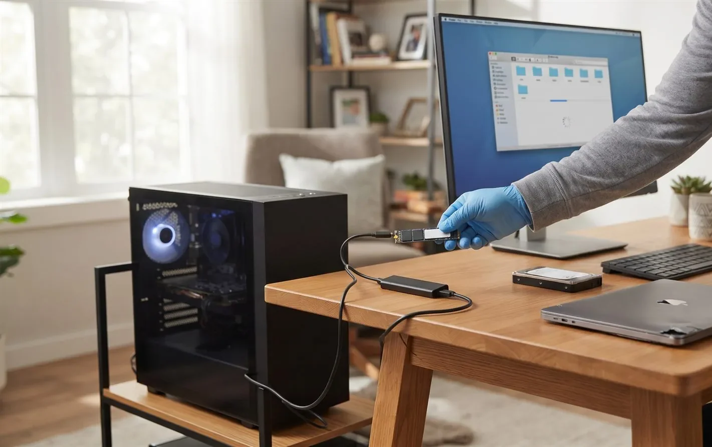 A person connecting a laptop drive to another computer to recover files