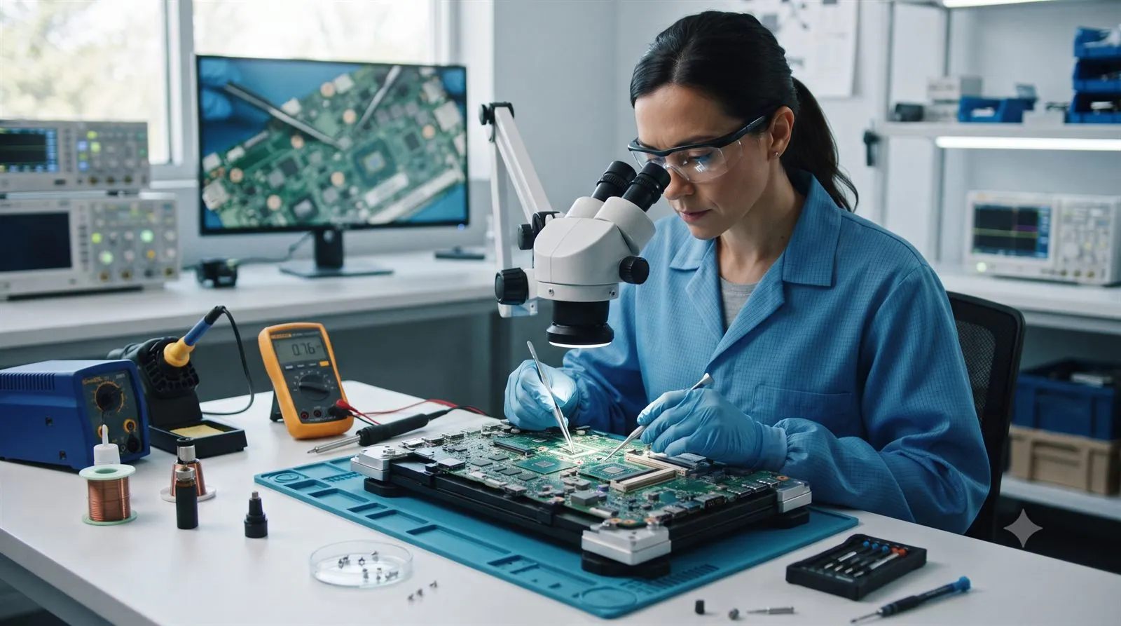 A data recovery engineer performing board-level repair on a laptop in a lab