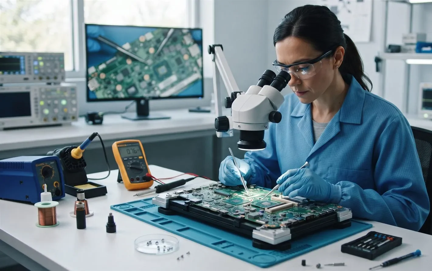 A data recovery engineer performing board-level work on a laptop in a lab to read its storage