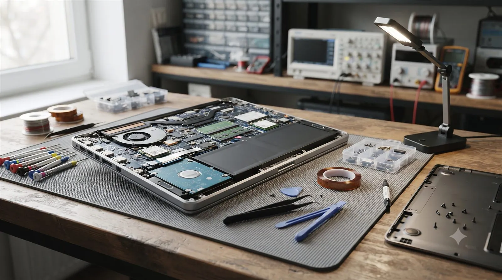 A laptop opened on a workbench for data recovery