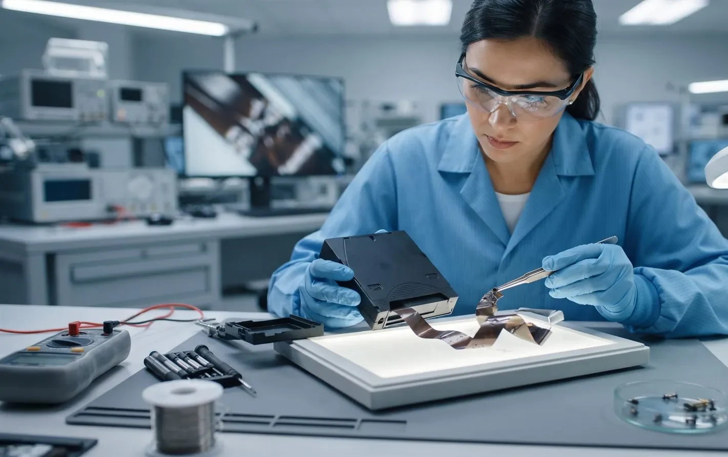 A data recovery engineer inspecting a damaged LTO tape cartridge in a lab