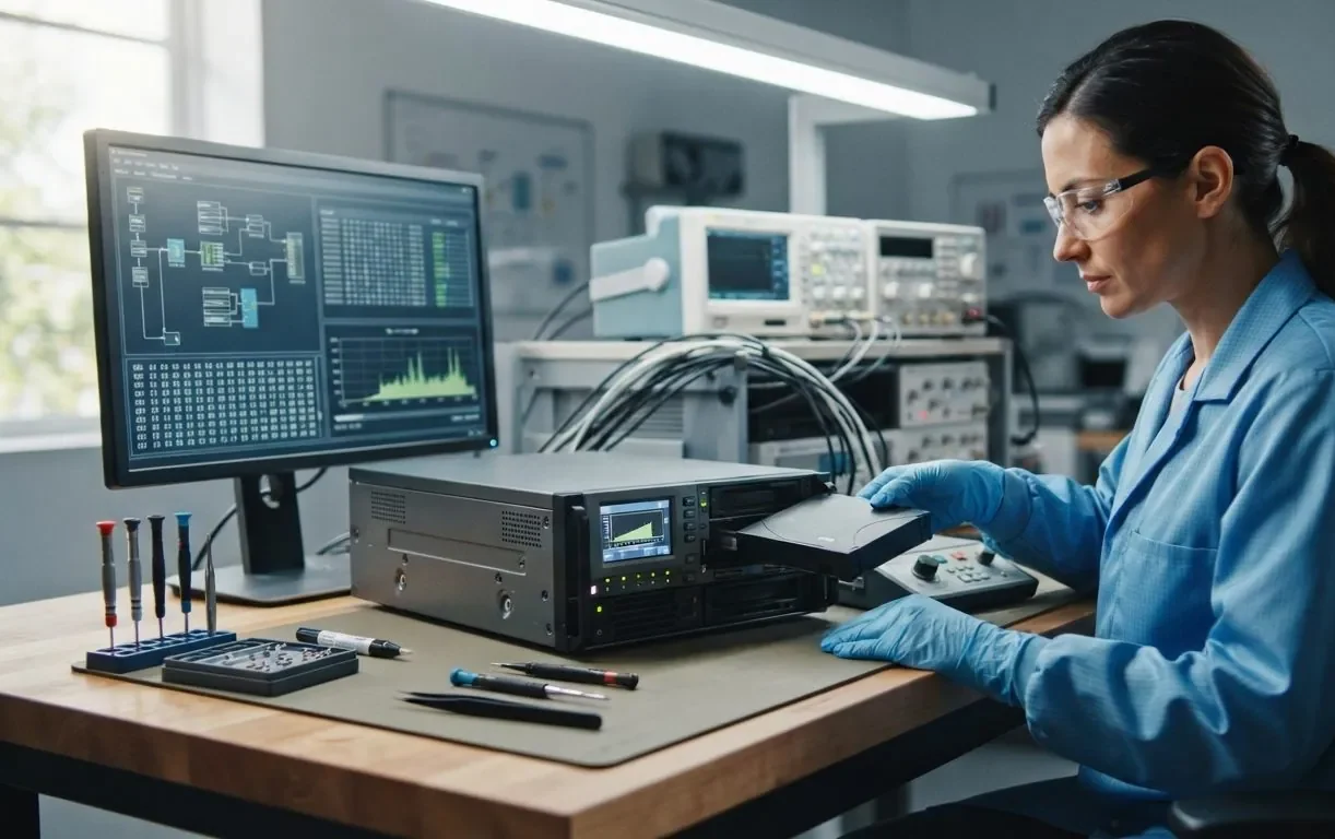 A data recovery engineer reading an LTO tape on specialist equipment in a lab