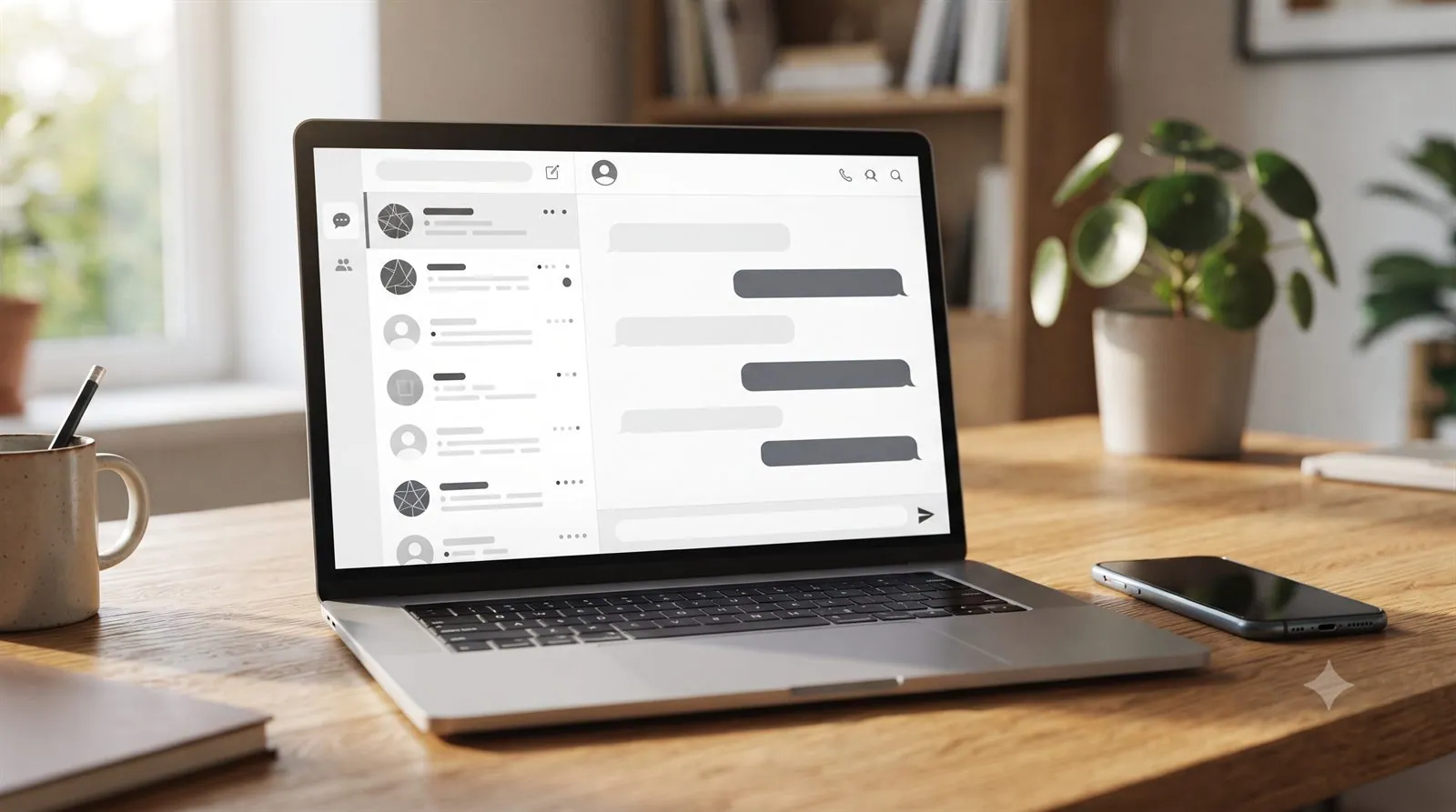 A laptop showing WhatsApp Web linked to a phone