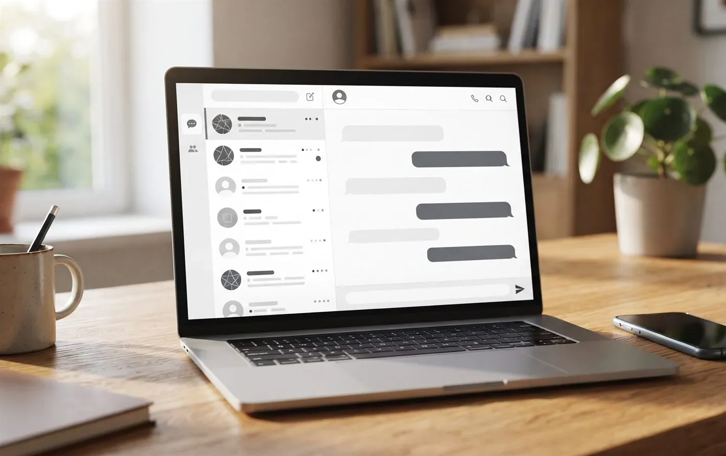 A laptop showing WhatsApp Web linked to a phone