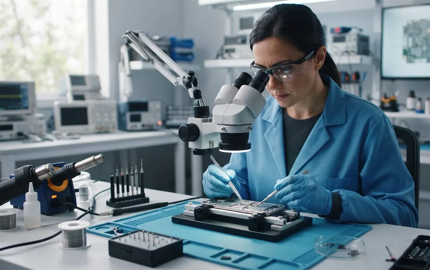 A data recovery engineer working on a smartphone board in a lab