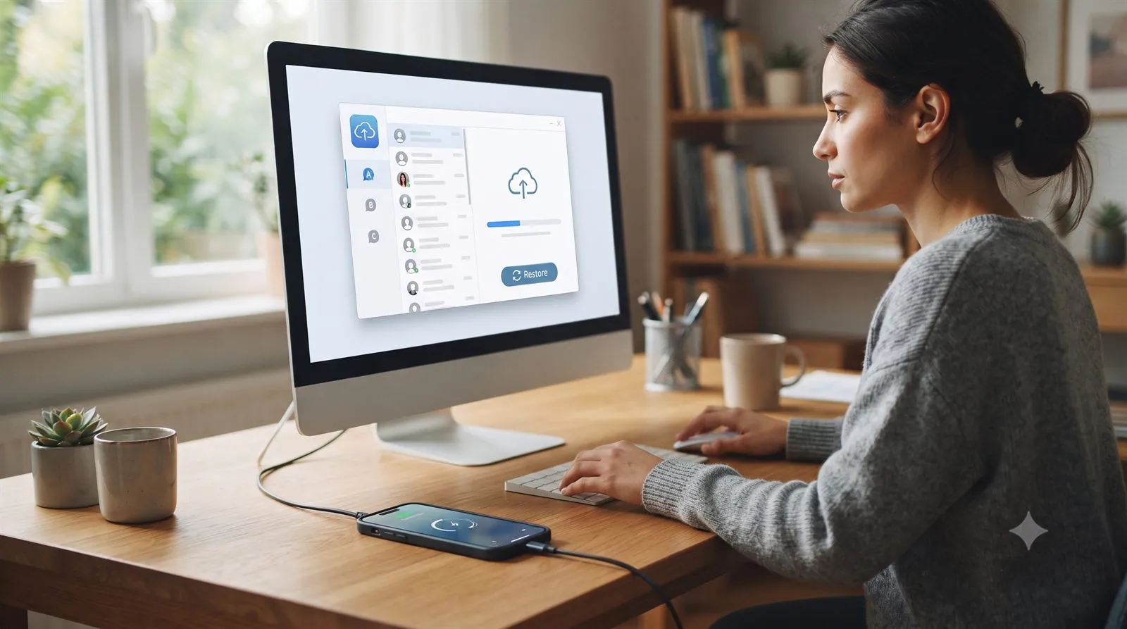 A person restoring WhatsApp chats from a phone backup on their computer