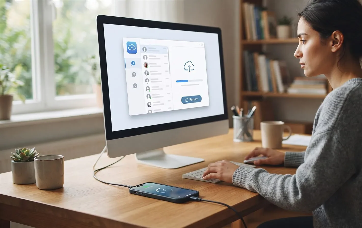 A person restoring WhatsApp chats from a phone backup on their computer