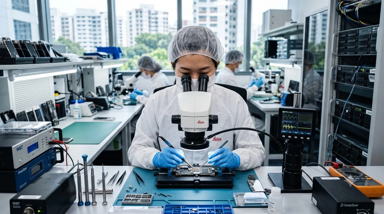 A data recovery engineer repairing a smartphone board in a lab
