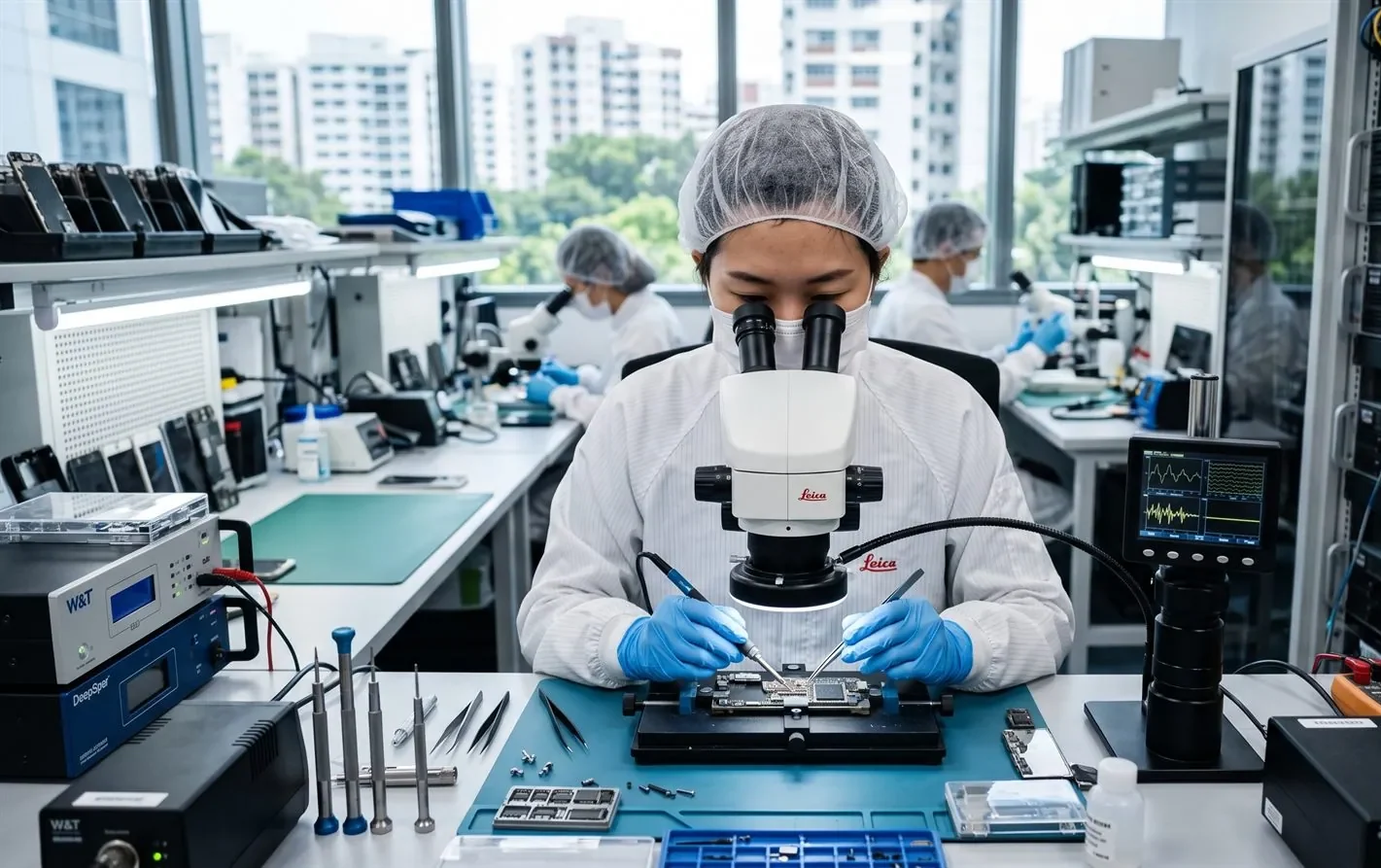 A data recovery engineer working on a smartphone board in a lab to read its storage