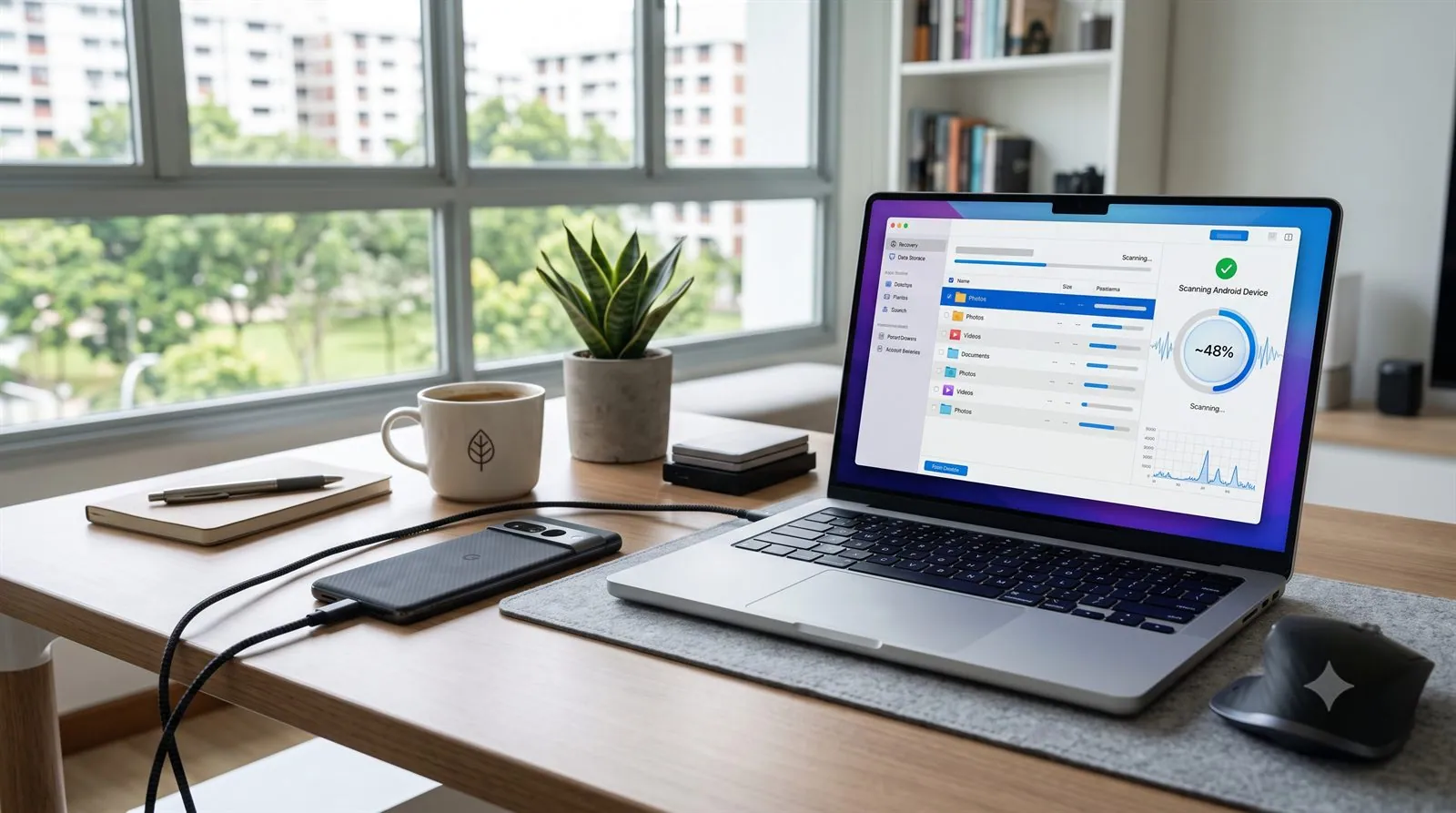 A smartphone connected to a laptop running data recovery software