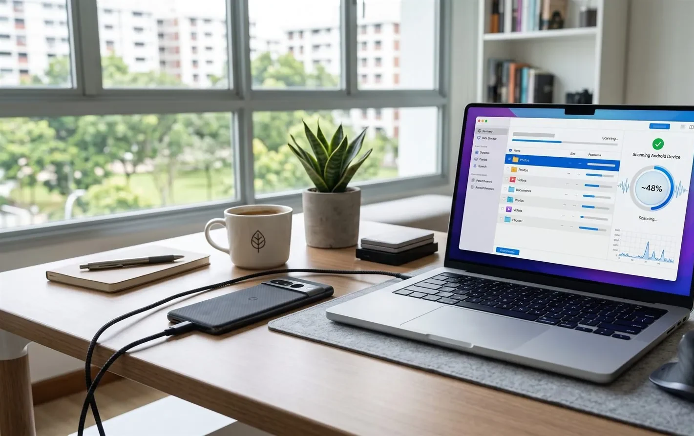 A smartphone connected to a laptop running data recovery software