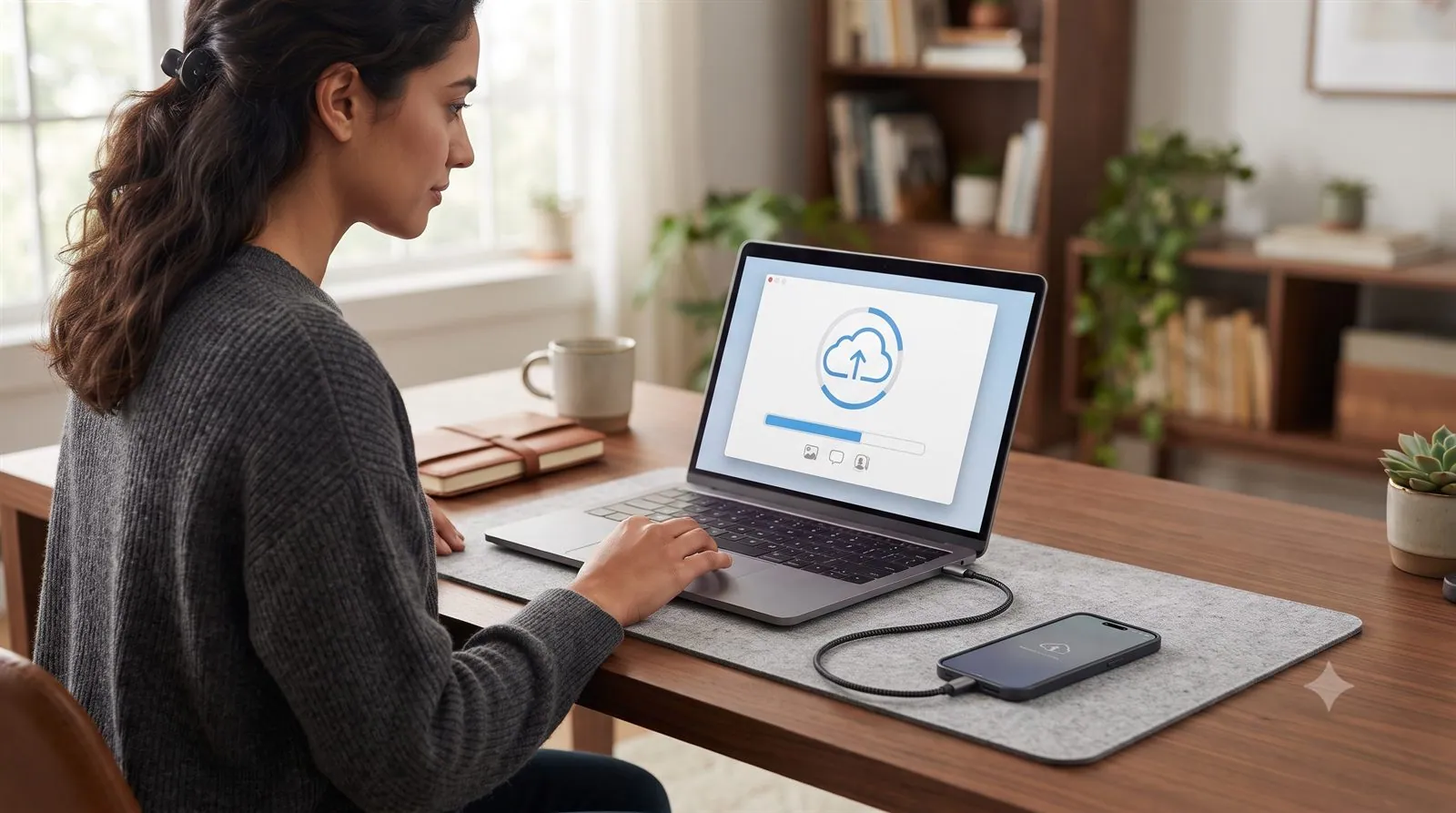 A person backing up their phone to the cloud on a laptop