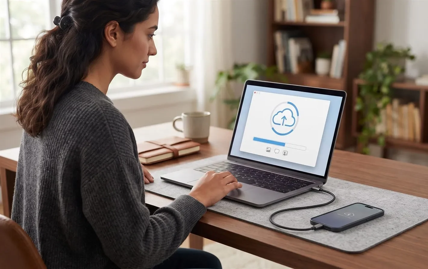 A person backing up their phone to the cloud on a laptop