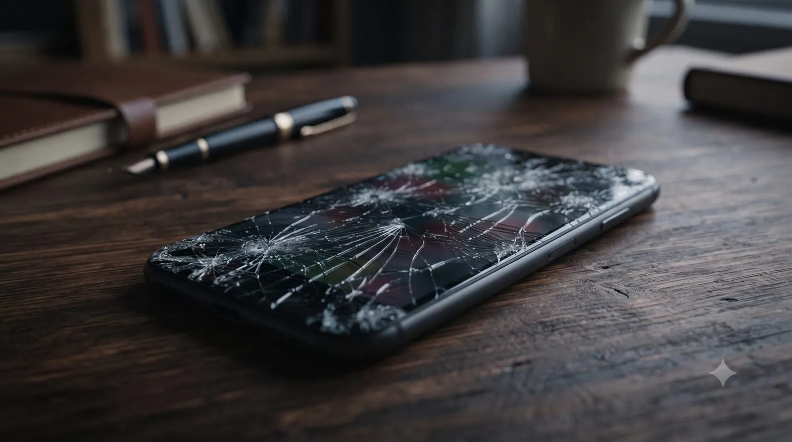 A cracked smartphone on a desk representing phone data loss