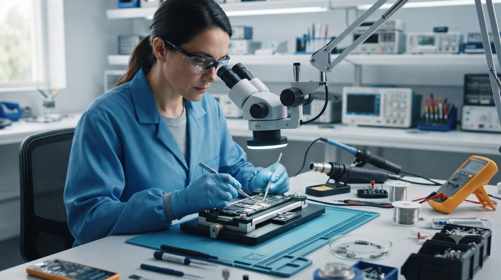 A data recovery engineer repairing a smartphone board in a lab