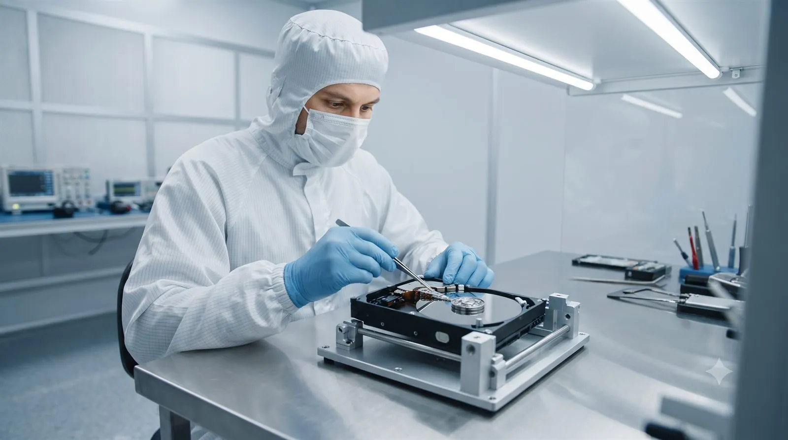 A data recovery engineer working on an opened hard drive in a clean-room environment
